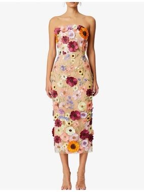 Strapless Floral Appliqué Midi Dress in Nude with Multicolor 3D Blooms-M